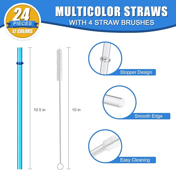 24 PCS, Reusable Straws with 4 Brushes, 10.5" Long Tritan Hard Plastic Straws, 12 Colors Translucent Replacement Drinking for 16OZ-32 OZ Tumblers, Cups, Jars, Stanley, YETI, Starbucks, BPA Free Bloomnest