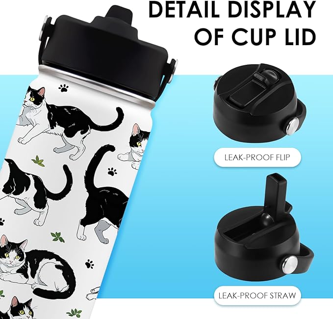 Cat Gifts for Kids - 16oz Cute Cow Cat Water Bottle with Straw Lid, Stainless Steel Insulated Tumbler, Leak Proof, BPA-Free, for Boys, Girls, School - Cow Cats Lovers Children Birthday Gifts Cups(1pc) - Bloomnest