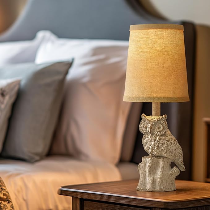14.25" Small Table Lamps Set of 2 Owl Lamps for Home Decor Rustic Farmhouse Vintage Bedside Table Resin Retro Nightstand, White - Bloomnest