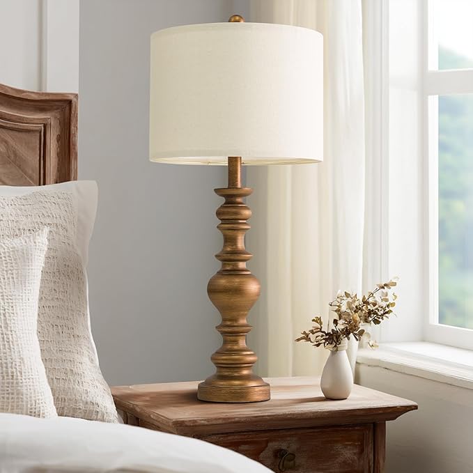BOBOMOMO 27" Antique Gold Table Lamps Set of 2, Elegant Large Resin Lamps with Linen Shades, Gold Traditional Lamps for Bedroom, Living Room, or Console Table, Classic Vintage Décor - Bloomnest
