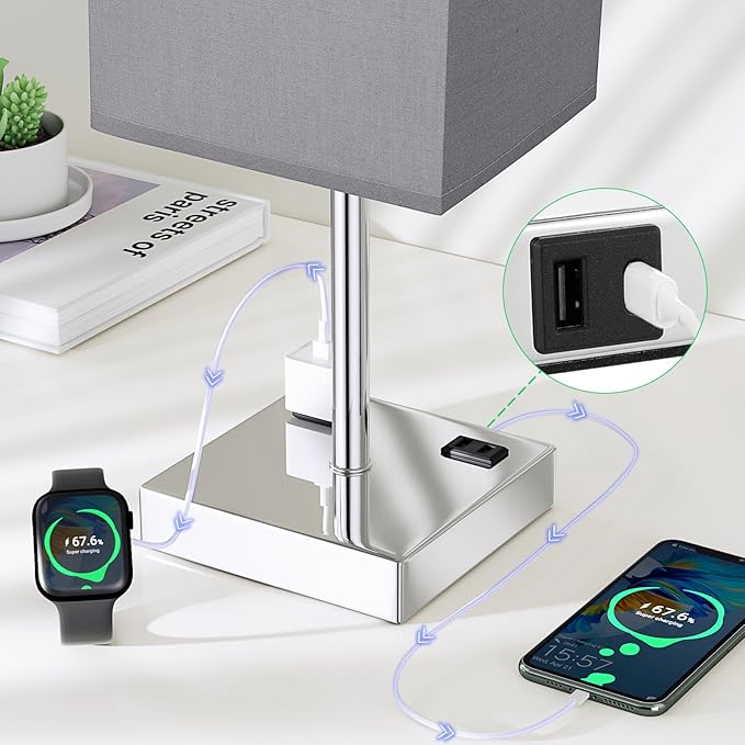 Touch Bedside Table Lamp For Nightstand - 3-Way Dimmable Night Lamp with USB A + Type C Charging Ports and two AC Outlets, Small Desk Light with E26 LED Bulb for Bedroom Living Room, GREY PLUS - Bloomnest