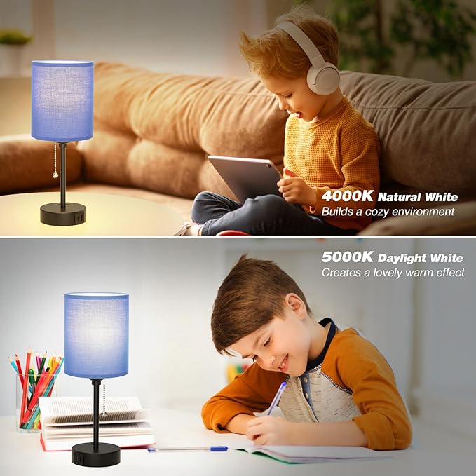 Blue Table Lamps 3 Color Temperatures - 3000K 4000K 5000K Bedside Lamps with USB C and A Ports, Pull Chain Lamps for Bedrooms with AC Outlet, Nightstand Lamps with Black Metal Base for Kids Boys - Bloomnest