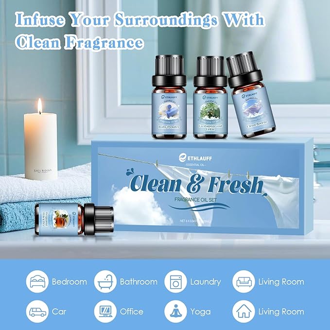 Clean Essential Oils Set, Laundry Collection Essential Oils Set, Pack of 6 Fragrance Oil for Diffuser for Home, Use with Wool Dryer Balls Scents - Fresh Linen, Clean Breeze, Eucalyptus and Cotton - Bloomnest