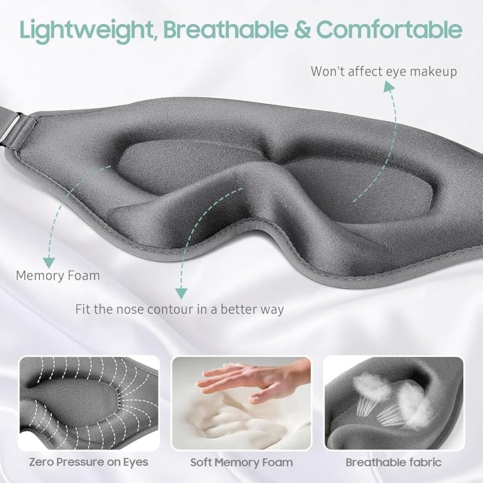Sleep Mask, Premium Eye Mask for Sleeping, Completely Blackout, Superior Soft Comfort, Upgraded 3D Ergonomic Designed Sleeping Mask for Home, Office, Travel, Meditation, Yoga, Grey - Bloomnest
