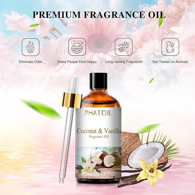 PHATOIL 3.38FL.OZ Coconut & Vanilla Fragrance Oils for Aromatherapy, Essential Oils for Diffusers for Home, Perfect for Diffuser, Yoga, DIY Candle and Soap Making - 100ml - Bloomnest