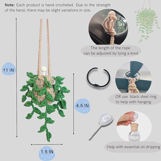 Handmade Crochet Hanging Car Air Freshener,12ml Empty Refillable Oil Diffuser Bottle with Crochet Hanging succulents Plant for Car Rearview Mirror for Home, and Office Hanging Diffuser Decor - Bloomnest