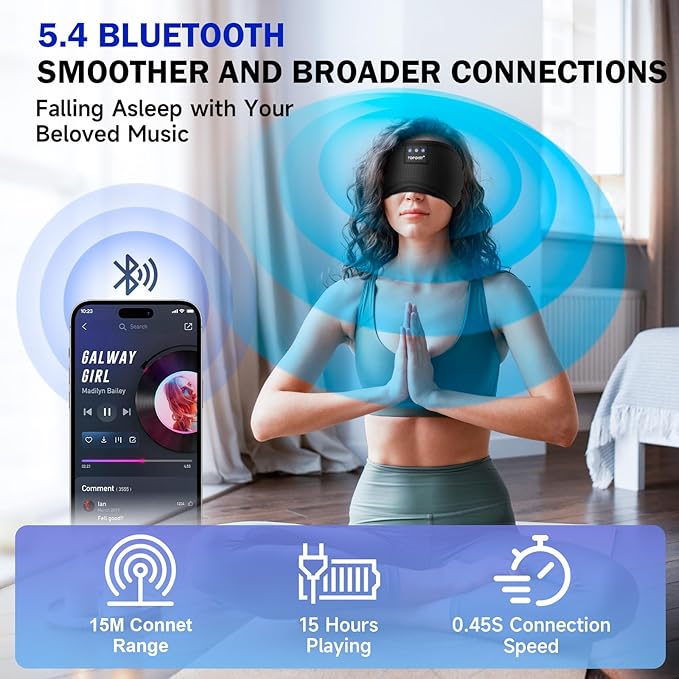 TOPOINT Sleep Mask with Bluetooth Headphones, Breathable Silk Eye Mask for Sleeping Men Women, Bluetooth Sleep Mask Blackout with Speakers, Microphone Handsfree, USB C for Travel Meditation Gifts - Bloomnest