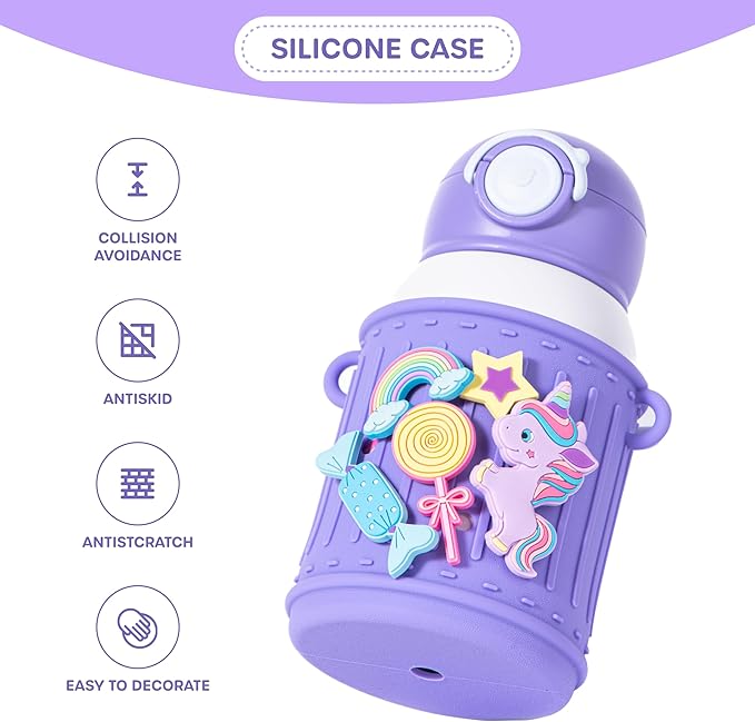 Kids Insulated Tumbler Set – 16oz Stainless Steel Water Bottle with Straw & Pour Lids, Screw-On Cup, Adjustable Strap, Silicone Sleeve & Charms – Leakproof BPA-Free Bottle for Boys & Girls - Bloomnest