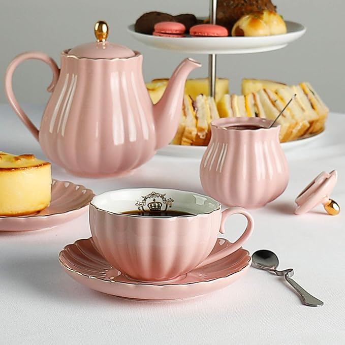 Amazingware Royal Teapot, Porcelain Tea Pot with Stainless Steel Infuser, with a Filter for Loose Tea, Pumpkin Fluted Shape - 28 oz, Pink - Bloomnest