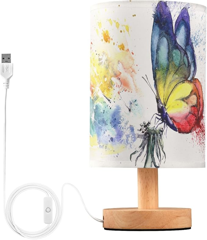 Table Lamp Paint Butterfly Dandelion Nightstand Lamp with Wood Base Fabric Lamp Shade Bedside Desk Lamp for Living Room Bedroom Kids Room Office - Bloomnest