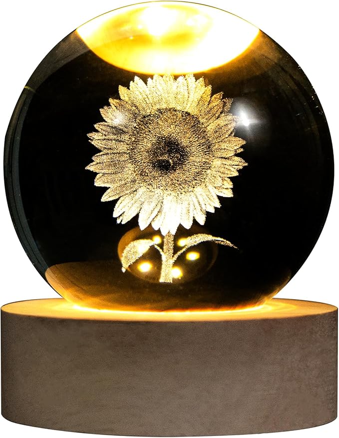 3D Laser Etched Sunflower Crystal Ball, Sunflower Decor Glass Sphere Lamp Night Light, Crystal Flower Figurines Collectibles Gifts for Mom Women Girls - Bloomnest
