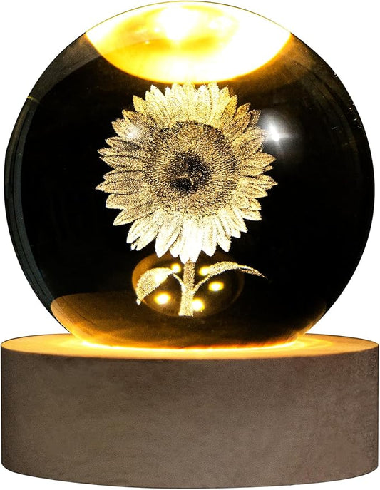 3D Laser Etched Sunflower Crystal Ball, Sunflower Decor Glass Sphere Lamp Night Light, Crystal Flower Figurines Collectibles Gifts for Mom Women Girls - Bloomnest