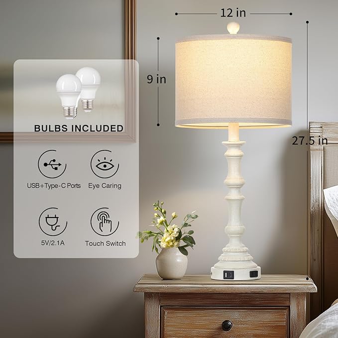 27.5" Tall Table Lamp for Living Room Set of 2, Vintage Farmhouse Table Lamps with USB C+A Ports, 3-Way Dimmable Touch Bedside Lamps, Tradition Bedroom Lamps for Nightstand Side End Table Desk, White - Bloomnest