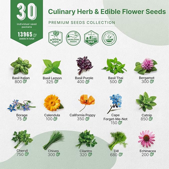 Organo Republic 30 Culinary Herbs & Edible Flower Seed Variety Pack- Indoor/Outdoor. 14000+ Non-GMO Heirloom Flower Seeds: Basil, Borage, Echinacea, Lavender, Oregano, Rosemary Seeds & More - Bloomnest