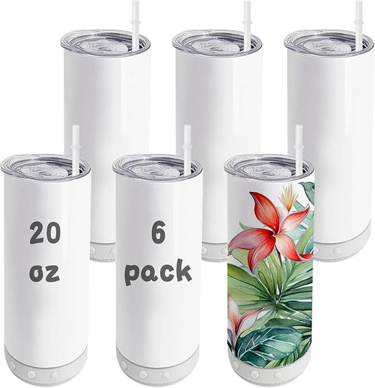 6 Pack 20 OZ Sublimation Blank Tumblers Bulk Stainless Steels Double Vacuum Bluetooth Speaker Music Insulated Tumbler with Lid and Straw Metal Cup White - Bloomnest