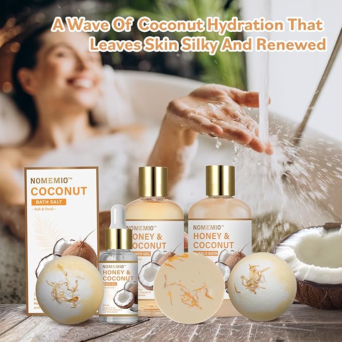 Valentine's Day Gift Baskets, Spa Gift Basket for Women, 11pcs Honey & Coconut Luxury Bath Gift Set, Spa Kit with Shower Gel, Bubble Bath, Bath Bombs , Beauty Gifts for Her, Women, Mom Birthday - Bloomnest