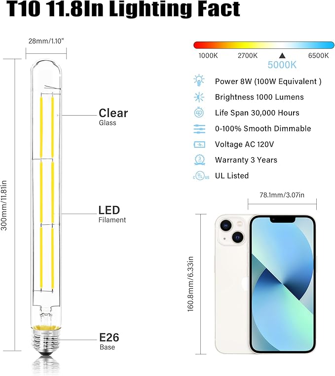 11.8IN 1000LM 5000K Daylight White Light Bulbs E26 Base, T10 T9 Edison Bulbs Dimmable 8W, AC 120V 100 Watt Equal Filament Bulb, Vintage Clear Glass Long Tubular LED Bulb, UL Listed - 4Pack - Bloomnest