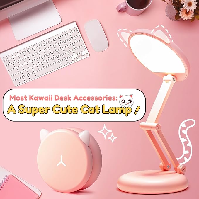 One Fire Cute Desk Lamp Pink Dorm Lamps for College Girls Foldable Portable Rechargeable Dimmable Cute Cat Lamp Kawaii Room Decor,College Dorm Decor for Girls Pink Classroom Essentials - Bloomnest