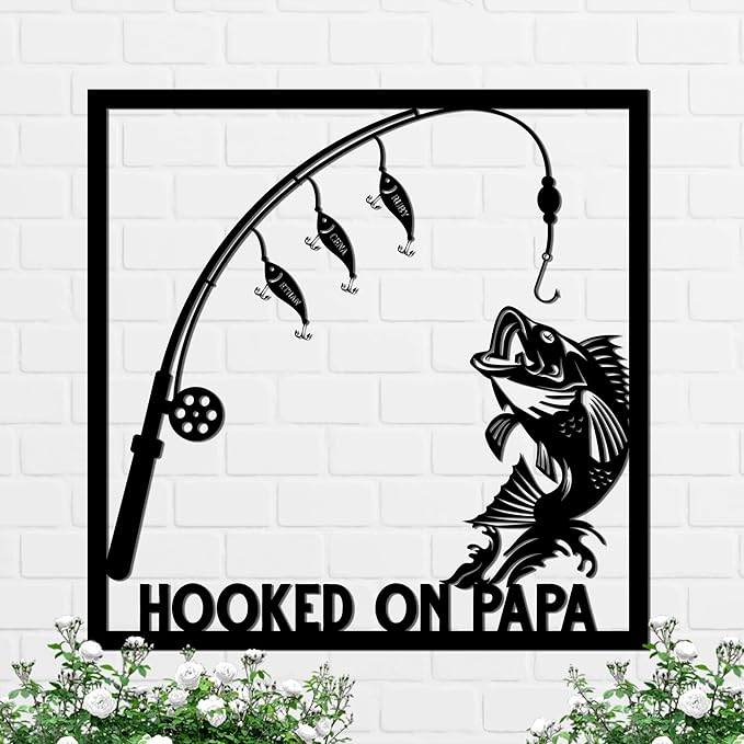 Bass Fish Custom Metal Sign | Personalized Wall Art | Hook On Papa | Steel | Black - Bloomnest
