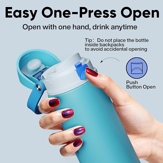 Insulated Water Bottle with Straw - Encool Stainless Steel Water Bottle with Push Button Lid, Leak-Proof & BPA-Free, Keeps Cold for 24 Hours for Sports, Travel, Gym (18 oz, Silk Blue) ENCOOL
