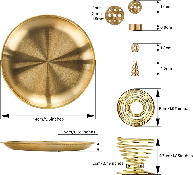 ZenBless 5 in 1 Incense Burner, Palo Santo Holder, Sage Holder, Incense Sticks/Coil/Cones, 5.5 inches Brass Ash Catcher for Meditation Yoga Room (Gold_2pcs) ZenBless