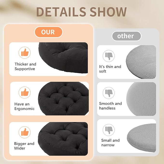 Meditation Floor Pillow, 2 Pack Round Floor Cushions for Adults, Button Tufted Seat Cushions for Yoga Tatami Living Room, Black, 22 x 22 x 4 in