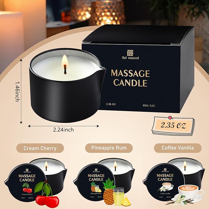 3 Pack Massage Oil Candles 2.35oz Low Temp Massage Candles 3 Scent Spa Therapy Body Oil Home Gift for Relaxation, Couples, or Self-Care (2.35 oz, Cream Cherry, Coffee Vanilla, Pineapple Rum) - Bloomnest