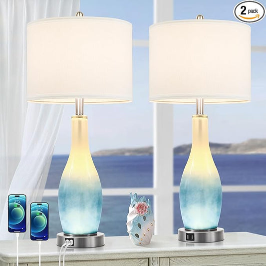 BesLowe 26in Tall Glass Table Lamps Set of 2 with 2 USB Charging Ports & LED Nightlight, Large Coastal Table Lamps for Living Room End Table, Modern Beach Lamps for Bedroom Bedside Nightstand, Blue - Bloomnest