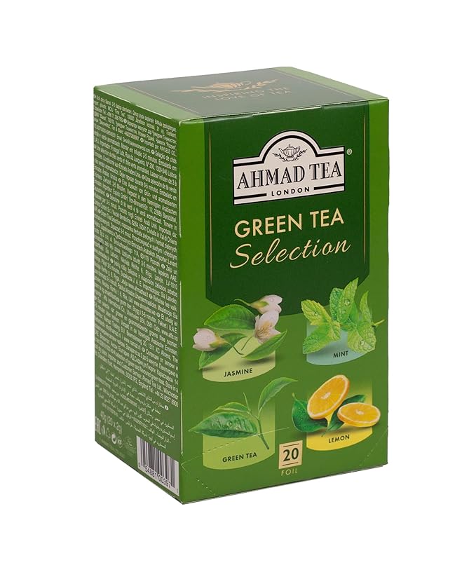 Ahmad Tea Green Tea, Green Tea Selection, Lemon Green Tea, Jasmine Green Tea, Mint Green Tea, & Green Tea Teabags, 20 ct (Pack of 1) - Caffeinated & Sugar-Free - Bloomnest