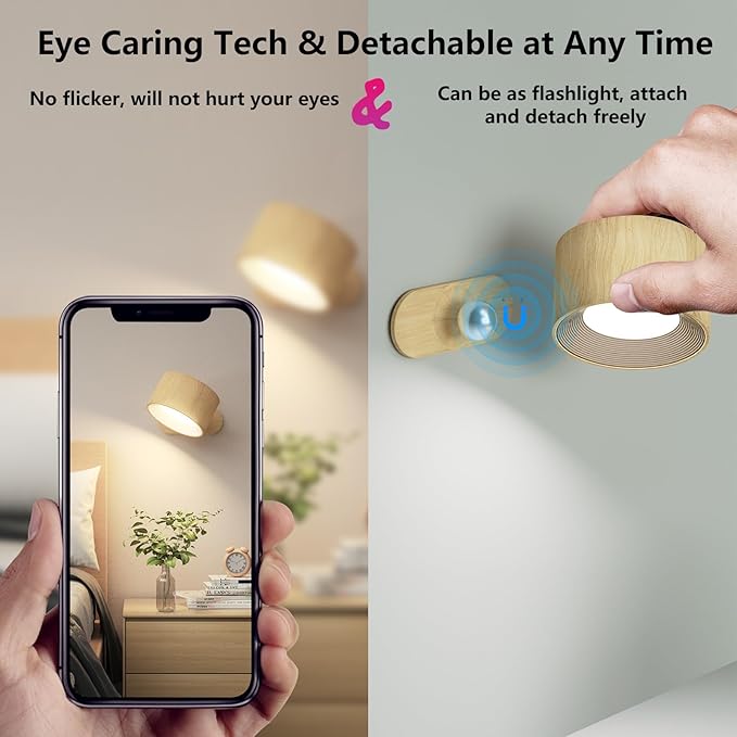Battery Operated Wall Light, LED Wall Sconce with 3 Color Modes 3 Brightness Levels 360°Rotation Lighting Touch Control, Wall Mounted Lamp Cordless Wall Lamp for Bedroom Reading Bedside-1Pack - Bloomnest