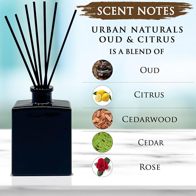 Urban Naturals Oud & Citrus Reed Diffuser Set – Made with Essential Oils – Citrus, Oud, Cedar, Amber & Wood Notes – 5 Ounce Sleek Black Rectangular Refillable Glass Bottle – Made in the USA UrbanNaturals