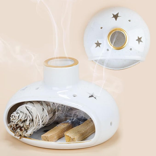 ZenBless 3 in 1 Incense Holder for Palo Santo Sticks Sage Incense, Handcrafted Ceramic Incense Burner Holder Ash Catcher with Chimney, Smudge Bowl for Yoga Meditation Room Home Decor ZenBless