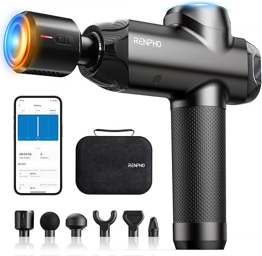 RENPHO Massage Gun Deep Tissue with Heat and Cold, Percussion Muscle Massage Gun Bluetooth with 12mm Amplitude, Handheld Massager Gun, Power+ Thermacool Grey - Bloomnest