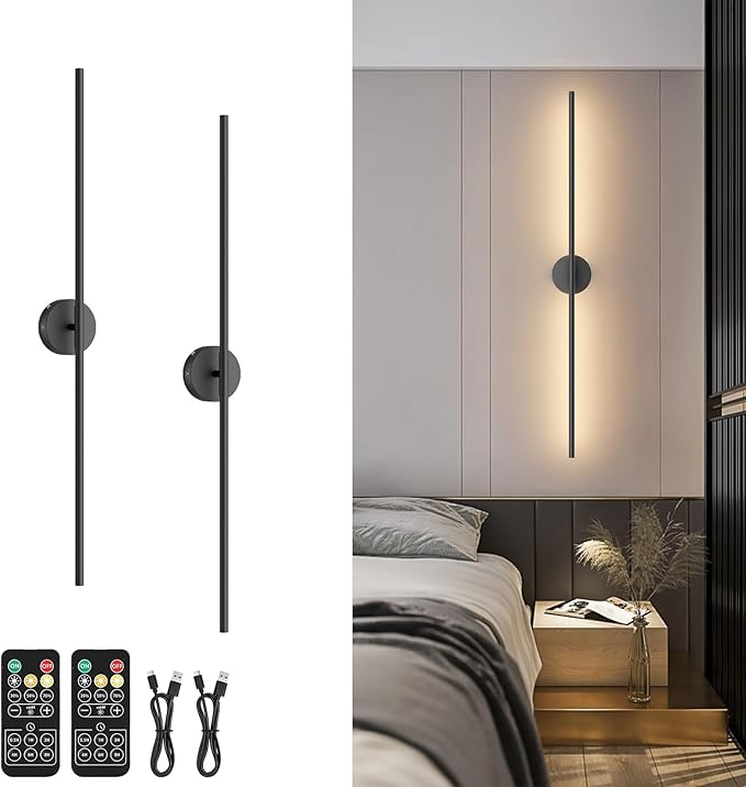 Tipace Battery Operated Wall Sconces Set of 2,Dimmable Battery Wall Sconce with Remote Control,Black LED Rechargeable Sconces,39.4 Inch Modern Wall Lights for Bedroom,Living Room - Bloomnest