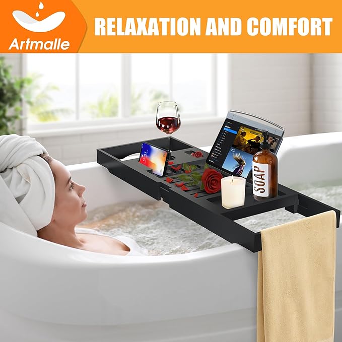 Luxury Bathtub Caddy Tray for Tub - Foldable Bamboo Bath Table Tray with Book and Wine Glass Holder, Expandable Bathroom Accessories for Spa or Reading Lite Style,Black - Bloomnest