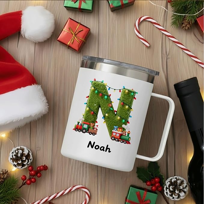 Personalized Kids Christmas Mug with Name, 12oz Insulated Tumbler with Handle, Custom Train Initial Cup, Holiday Xmas Gift for Boys, Son, Toddler Stocking Stuffer(B05) - Bloomnest