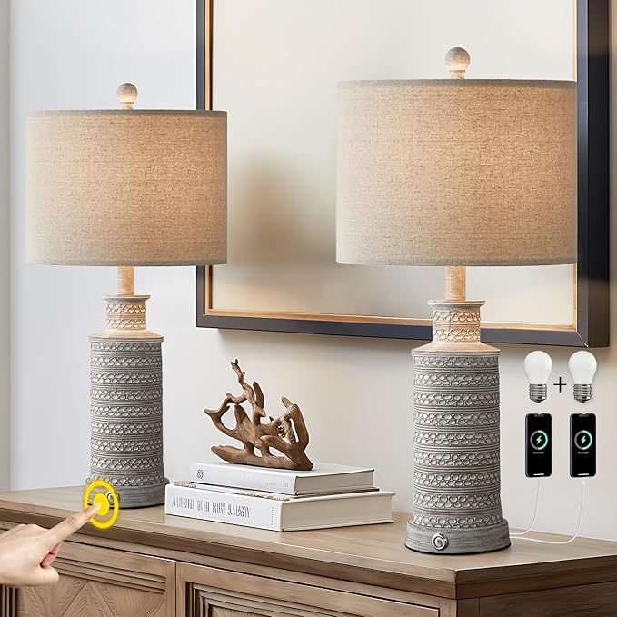 BOBOMOMO 3-Way Dimmable Touch Control Table Lamp Set of 2 with Dual USB Charging Ports for Bedroom Living Room Vintage Rustic Farmhouse Traditional Nightstand Bedside Lamps(Bulbs Included) - Bloomnest