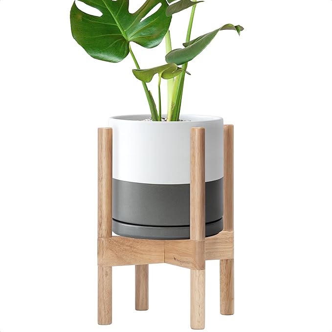 D'vine Dev Ceramic Planter with Natural Stand - 8 Inch Modern Round Flower Pot with Wood Planter Holder, White/Grey, 55-B-N-6 - Bloomnest