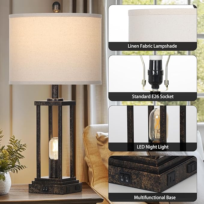 27" Tall Farmhouse Table Lamps with Night Light, Bronze Industrial End Table Lamp for Living Room, Rustic Bedside Lamps Set of 2 with USB C+A Ports & AC Outlet, Vintage Bedroom Lamp for Nightstand - Bloomnest