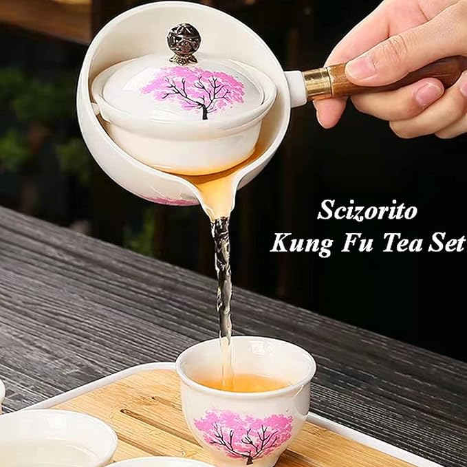 Ceramic Portable Travel Tea Set, Chinese Kungfu Tea Set with 360 Rotation Teapot and Infuser, 4 Tea Cups, Tea Tray And Travel Bag (Cherry Blossoms)
