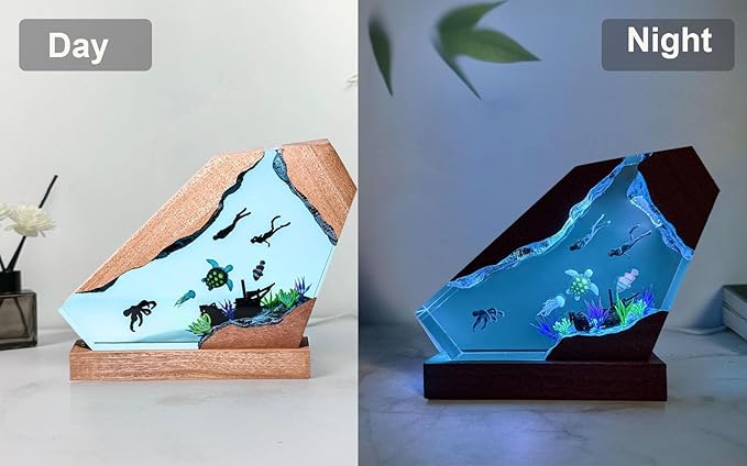 Octopus Ocean Resin Lamp, Handmade Wooden Table Resin Night Light, USB Port Art Ornaments for Home Office Decor, Scuba Diver Gifts for Birthday Holiday, Valentine's Day Gifts for Husband - Bloomnest