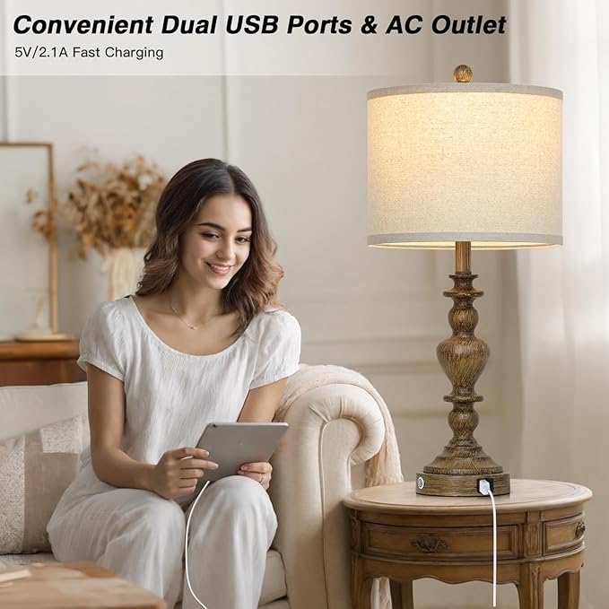 27" Vintage Table Lamps Set of 2, Farmhouse Resin Bedside Lamp with USB C+A Ports & AC Outlet, 3-Way Dimmable Touch Control Lamps for Living Room Bedroom Nightstand Antique Brown Washed Wooden Finish - Bloomnest