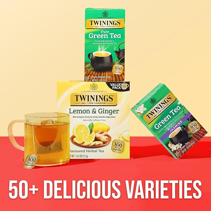 Twinings Pure Green Tea Individually Wrapped Bags, 25 Count (Pack of 6), Smooth Flavour, Enticing Aroma, Caffeinated, Enjoy Hot or Iced, 150 Teabags - Bloomnest