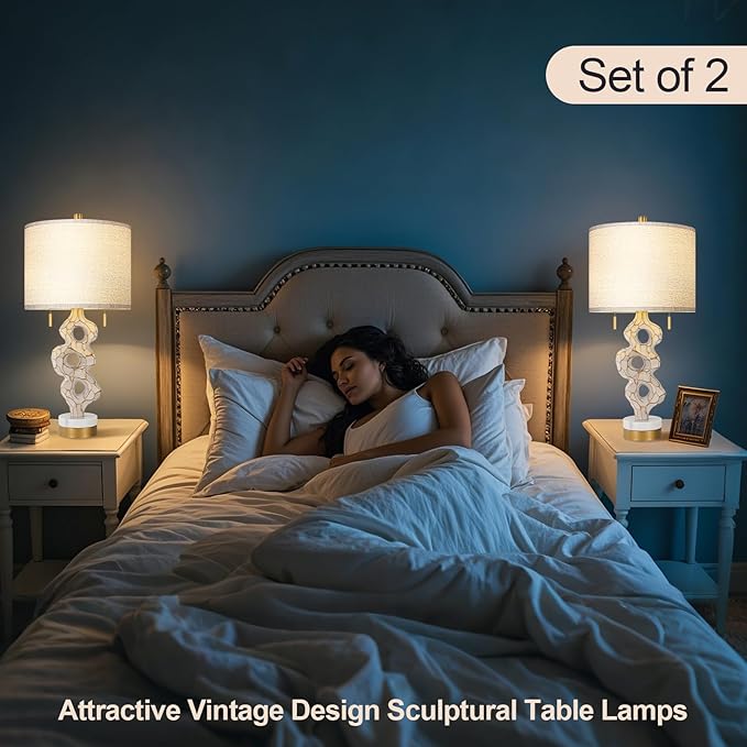 Scenekoy Sculptural Table Lamp Set of 2 for Bedroom, 26” Farmhouse Bedside Lamps for Living Room, Rustic Linen Shade Night Stand Lamp Marble Base with USB Ports for Home Decor (E26 Bulbs Included) - Bloomnest