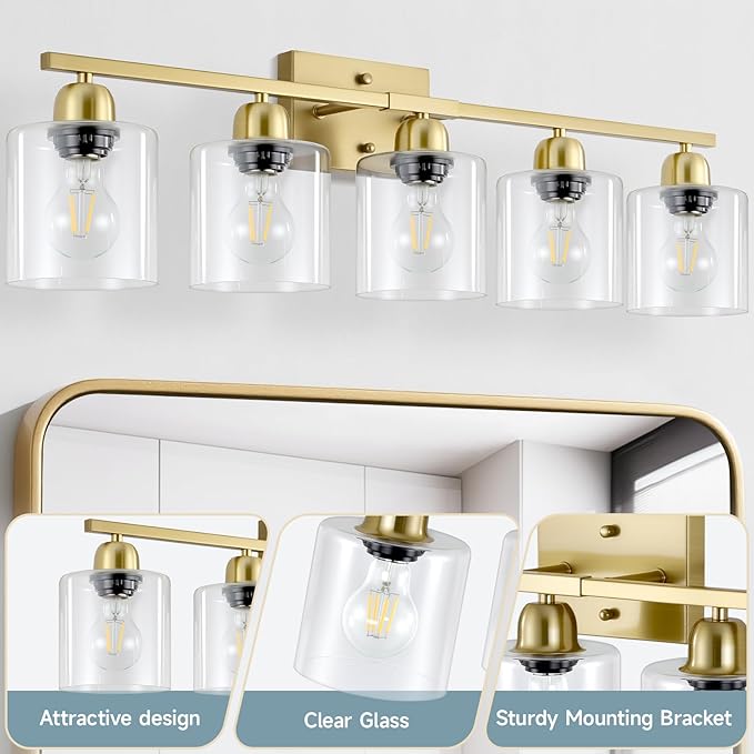 Modern Brushed Gold 5 Light Bathroom Vanity Light,31 inch Vanity Lights for Bathroom with Clear Glass for Mirror Kitchen Living Room Hallway Cabinet Porch - Bloomnest