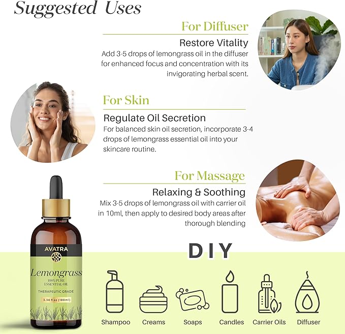 Avatra Lemongrass Essential Oil 100ML (3.38 OZ) with Glass Dropper and Travel Bottle, Pure and Natural Therapeutic Grade Lemongrass Oil for Diffuser, Aromatherapy, Massage, and DIY Candle Products - Bloomnest