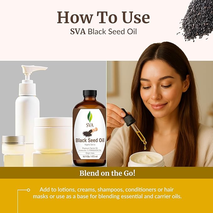 SVA Black Seed Oil - 16 Fl Oz – 100% Natural Cold Pressed Black Seed Oil - for Face, Skin Care, Hair Care, Scalp Massage & Body Massage – Carrier Oil - Bloomnest