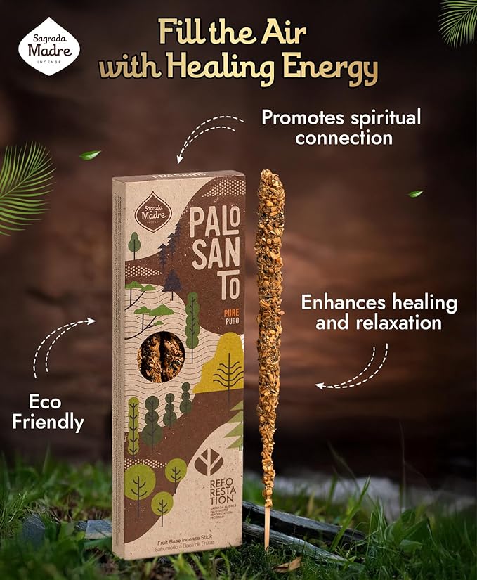 Sagrada Madre 4pcs Wildly Harvested Palo Santo Incense Sticks, 6.7” Long - Pure, Non-Toxic, Aromatic Incense Sticks (50 min Approx. Burning Time) to Heal & Calm Your Body and Environment SagradaMadre