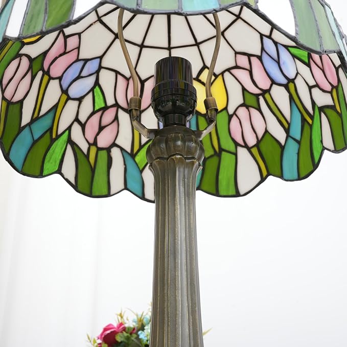 Tiffany Lamp Pink Orange Tulips Style Stained Glass Table Lamp Vintage Bedroom Bedside Light for Home Dorm Office Art Craft Antique Decor Accent Aesthetic Nightstand Reading Light 12x12x19 Inches - Bloomnest