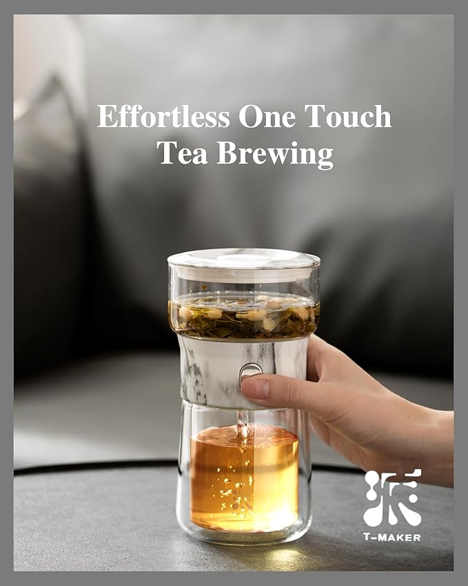 ZENS Modern Small Glass Infuser Teapot, Magic One Touch Drip Tea Pot Infusers for Loose Tea Diffuser, Cool Herbal Teapot with 200ml insulated Cup and Portable Gray Tea Kits for Tea Lovers Gifts - Bloomnest